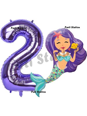 Parti Station Mermaid Deniz Kızı 2 Yaş Balon ve Mor Rakam Balon Doğum Günü Parti Balon Set