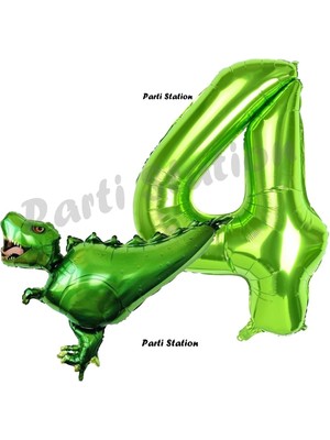 Parti Station T-Rex Dinozor Konsept 4 Yaş Balon Set Dinozor Balon ve Yeşil Rakam Balon Doğum Günü Set