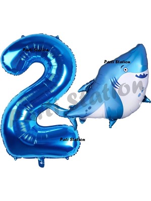 Parti Station Köpek Balığı Balon 2 Yaş Doğum Günü Balon Set Köpek Balığı Konsept Balon ve Lacivert Rakam Balon