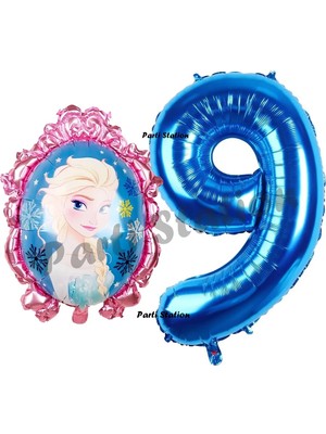 Parti Station Frozen Balon 9 Yaş Doğum Günü Set Karlar Ülkesi Konsept Balon ve Lacivert Rakam Balon Doğum Günü Set