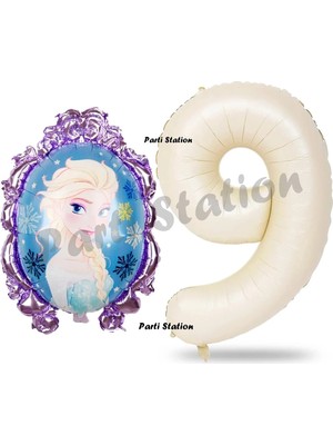 Parti Station Frozen Balon 9 Yaş Doğum Günü Set Frozen Elsa Konsept Balon ve Krem Rakam Balon Doğum Günü Set