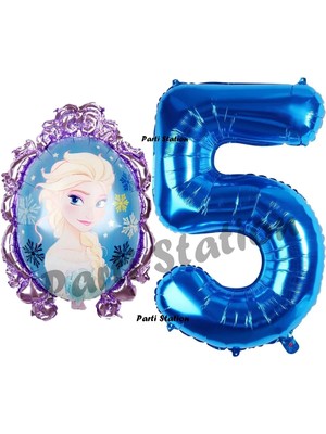 Parti Station Frozen Balon 5 Yaş Doğum Günü Set Frozen Elsa Konsept Balon ve Lacivert Rakam Balon Doğum Günü Set