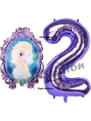 Parti Station Frozen Balon 2 Yaş Doğum Günü Set Frozen Elsa Konsept Balon ve Mor Rakam Balon Doğum Günü Set