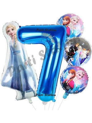 Parti Station Frozen Balon 7 Yaş Doğum Günü Set Frozen Elsa Karlar Ülkesi Konsept Balon ve Lacivert Rakam Balon
