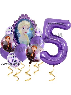 Parti Station Frozen Balon 1 Yaş Doğum Günü Set Frozen Elsa Karlar Ülkesi Konsept Balon ve Mor Rakam Balon