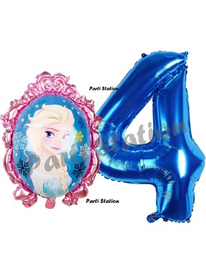 Parti Station Frozen Balon 4 Yaş Doğum Günü Set Karlar Ülkesi Konsept Balon ve Lacivert Rakam Balon Doğum Günü Set