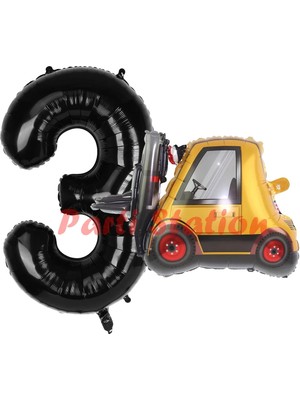 Parti Station Inşaat Forklift Kamyonu Balon 3 Yaş Doğum Günü Balon Set Iş Makinaları Konsept ve Siyah Rakam Balon