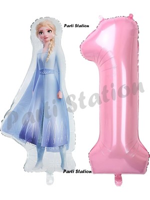 Parti Station Elsa Frozen Balon 1 Yaş Doğum Günü Set Frozen Karlar Ülkesi Konsept Balon ve Pembe Rakam Balon