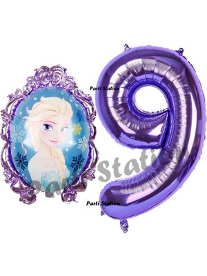 Parti Station Frozen Balon 9 Yaş Doğum Günü Set Frozen Elsa Konsept Balon ve Mor Rakam Balon Doğum Günü Set