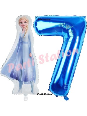 Parti Station Elsa Frozen Balon 7 Yaş Doğum Günü Set Frozen Karlar Ülkesi Konsept Balon ve Lacivert Rakam Balon