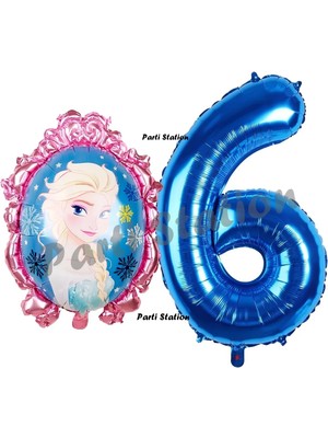 Parti Station Frozen Balon 6 Yaş Doğum Günü Set Karlar Ülkesi Konsept Balon ve Lacivert Rakam Balon Doğum Günü Set