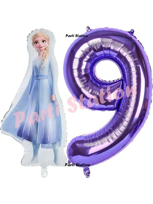 Parti Station Elsa Frozen Balon 1 Yaş Doğum Günü Set Frozen Karlar Ülkesi Konsept Balon ve Mor Rakam Balon