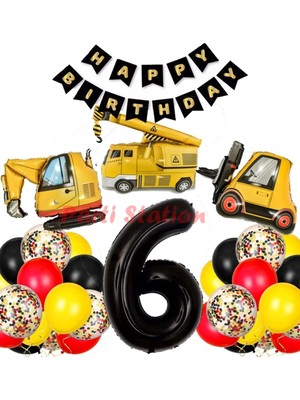 Parti Station Iş Makinaları Inşaat Parti 6 Yaş Balon Set Kepçe Balon Vinç Balon Kamyon Balon Doğum Günü Set