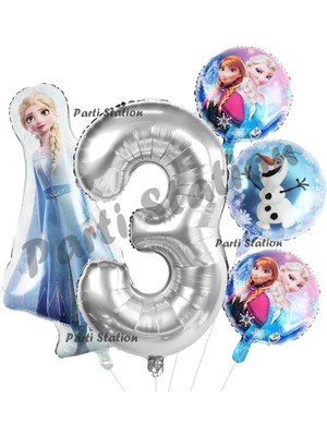 Parti Station Frozen Balon 1 Yaş Doğum Günü Set Frozen Elsa Karlar Ülkesi Konsept Balon ve Gümüş Rakam Balon