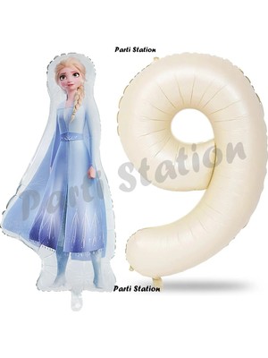 Parti Station Elsa Frozen Balon 9 Yaş Doğum Günü Set Frozen Karlar Ülkesi Konsept Balon ve Krem Rakam Balon