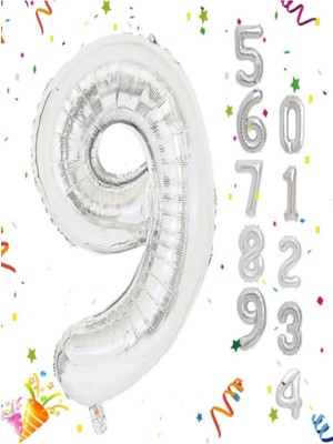 Parti Station Gümüş Renk Rakam Folyo Balon 9 Rakam Büyük Boy 76 cm Helyum Uçan Folyo Balon 34" Inç 1 Adet