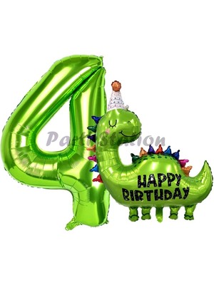 Parti Station Dinozor Balon 4 Yaş Balon Set Dinozor Konsept Balon ve Yeşil Renk Rakam Balon