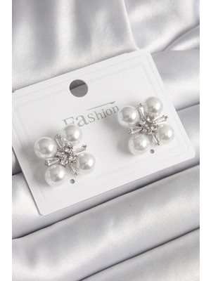 Luz&Pos Pirinç Gümüş Renk Zirkon Taşlı Incili Kadın Küpe