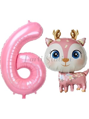 Parti Station Sevimli Geyik 6 Yaş Balon Set Ceylan Balon Woodland Konsept Pembe Geyik Balon ve Rakam Balon