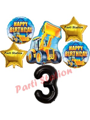 Parti Station Inşaat Konsept 3 Yaş Doğum Günü Balon Set Kamyon Kepçe Balon ve Siyah Rakam Balon Parti Set