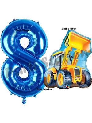 Parti Station Inşaat Konsept 8 Yaş Doğum Günü Balon Set Kamyon Kepçe Balon ve Lacivert Rakam Balon Parti Set
