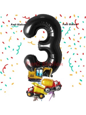 Parti Station Siyah Renk Rakam Balon Küçük Boy Inşaat Balonlu 3 Yaş Inşaat Kamyon Konspet Doğum Günü Balon Set