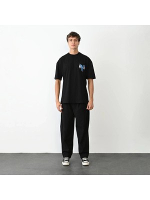 Luz&Pos Erkek Bisiklet Yaka Baskılı Oversize T-Shirt - Siyah