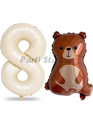 Parti Station Ayıcık Balon 8 Yaş Balon Set Woodland Konsept Ayı Balon ve Krem Renk Rakam Balon
