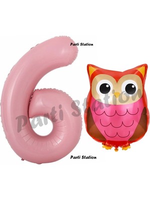Parti Station Woodland Baykuş Konsept 6 Yaş Balon Set Sevimli Baykuş Owl ve Pembe Rakam Balon Doğum Günü Balon Set