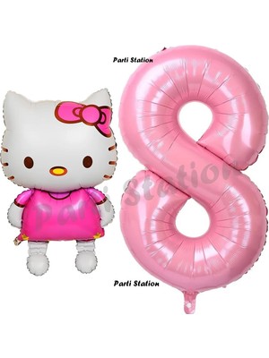 Parti Station Hello Kitty 8 Yaş Balon ve Pembe Rakam Balon Doğum Günü Parti Set Hello Kitty Kedi Balon
