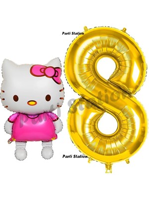 Parti Station Hello Kitty 8 Yaş Balon ve Gold Rakam Balon Doğum Günü Parti Set Hello Kitty Kedi Balon