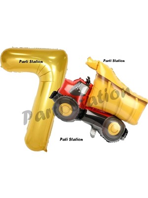 Parti Station Inşaat Konsept 7 Yaş Doğum Günü Balon Set Kamyon Balon ve Gold Rakam Balon Doğum Günü Set