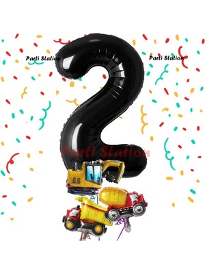 Parti Station Siyah Renk Rakam Balon Küçük Boy Inşaat Balonlu 2 Yaş Inşaat Kamyon Konspet Doğum Günü Balon Set