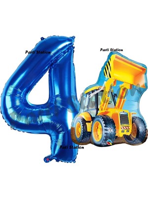 Parti Station Inşaat Konsept 4 Yaş Doğum Günü Balon Set Kamyon Kepçe Balon ve Lacivert Rakam Balon Parti Set