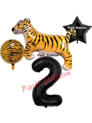 Parti Station Safari Kaplan Balon 2 Yaş Balon Set Kaplan Balon ve Siyah Rakam Balon Demeti Doğum Günü Seti