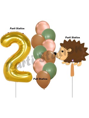 Parti Station Woodland Kirpi Balon 2 Yaş Balon Set Kirpi Balon ve Gold Rakam Balon Demeti Doğum Günü Seti
