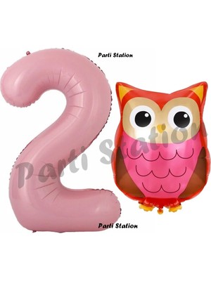 Parti Station Woodland Baykuş Konsept 2 Yaş Balon Set Sevimli Baykuş Owl ve Pembe Rakam Balon Doğum Günü Balon Set