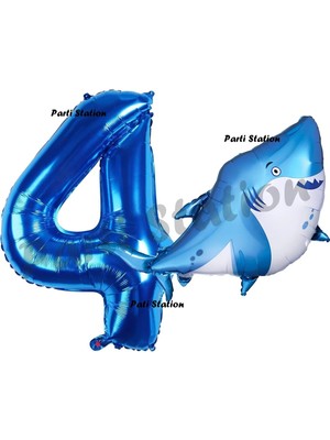 Parti Station Köpek Balığı Balon 4 Yaş Doğum Günü Balon Set Köpek Balığı Konsept Balon ve Lacivert Rakam Balon