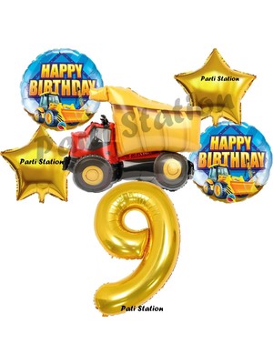 Parti Station Inşaat Konsept 9 Yaş Doğum Günü Balon Set Kamyon Balon ve Gold Rakam Balon Doğum Günü Parti Set