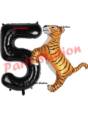 Parti Station Safari Kaplan Balon 5 Yaş Balon Set Kaplan Balon ve Siyah Rakam Balon Doğum Günü Seti