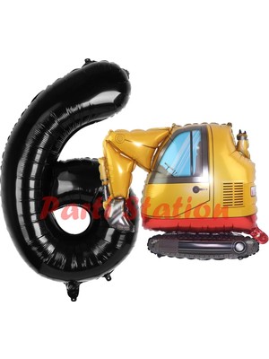 Parti Station Inşaat Kepçe Kamyon Balon 6 Yaş Doğum Günü Balon Set Iş Makinaları Konsept ve Siyah Rakam Balon