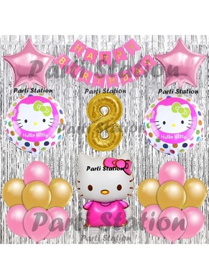 Parti Station Hello Kitty Balon Set 8 Yaş Hello Kitty Sevimki Kedi Konsept Altın Rakam Doğum Günü Parti Balon Set