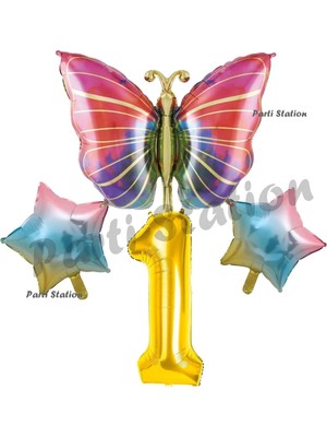 Parti Station Rengarenk Kelebek Konsept 1 Yaş Doğum Günü Balon Set Butterfly Bahar Tema Doğum Günü Balon
