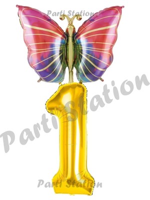 Parti Station Gökkuşağı Kelebek Konsept 1 Yaş Doğum Günü Balon Set Butterfly Bahar Tema Doğum Günü Balon