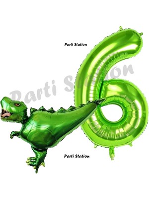 Parti Station T-Rex Dinozor Konsept 6 Yaş Balon Set Dinozor Balon ve Yeşil Rakam Balon Doğum Günü Set