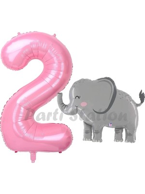 Parti Station Sevimli Fil Balon 2 Yaş Doğum Günü Balon Set Safari Konsept Fil Balon ve Pembe Renk Rakam Balon