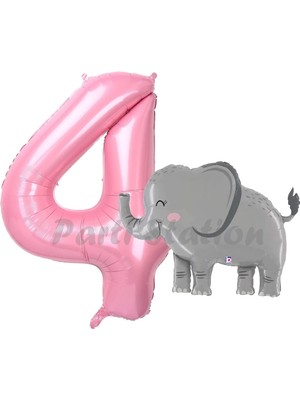 Parti Station Sevimli Fil Balon 4 Yaş Doğum Günü Balon Set Safari Konsept Fil Balon ve Pembe Renk Rakam Balon