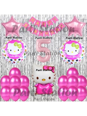 Parti Station Hello Kitty Balon Set 5 Yaş Hello Kitty Sevimki Kedi Konsept Pembe Rakam Doğum Günü Parti Balon Set