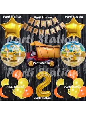 Parti Station Inşaat Konsept Kamyon Balon Set 2 Yaş Siyah Inşaat Tema Kamyon Doğum Günü Balon Set