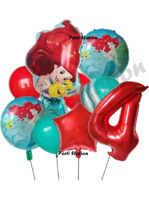 Parti Station Deniz Kızı Ariel 4 Yaş Kırmızı Renk Balon Set Little Mermaid Balloon Deniz Kızı Ariel Doğum Günü Set